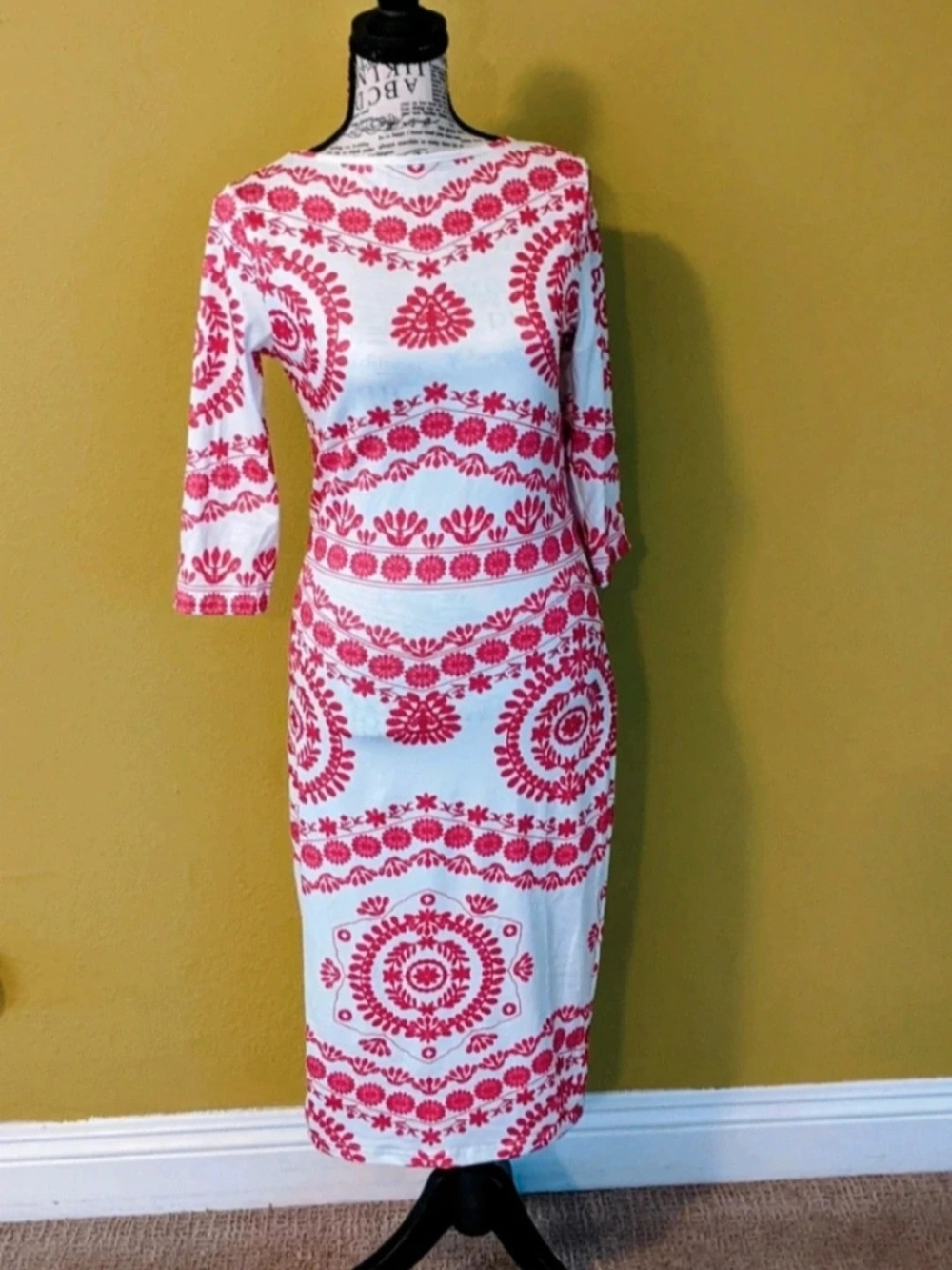 White & Coral Patterned Midi Dress